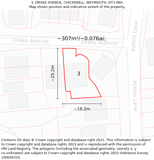 3, DRAKE AVENUE, CHICKERELL, WEYMOUTH, DT3 4NA: Plot and title map