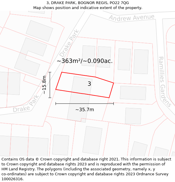 3, DRAKE PARK, BOGNOR REGIS, PO22 7QG: Plot and title map