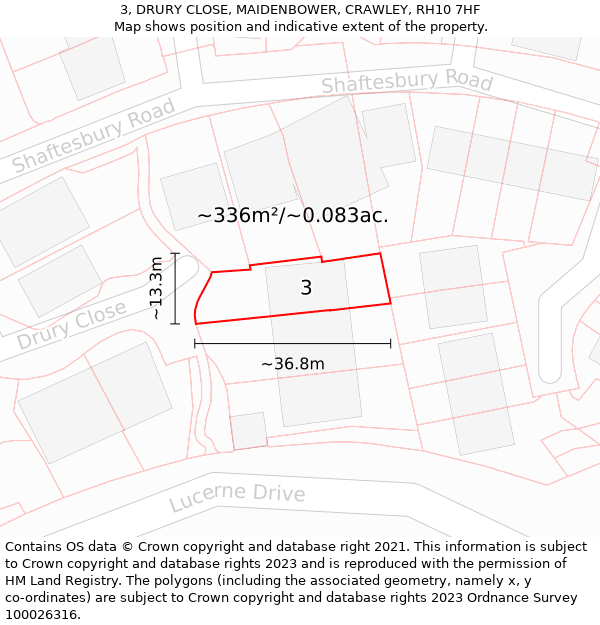 3, DRURY CLOSE, MAIDENBOWER, CRAWLEY, RH10 7HF: Plot and title map