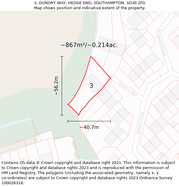 3, DUNDRY WAY, HEDGE END, SOUTHAMPTON, SO30 2FG: Plot and title map