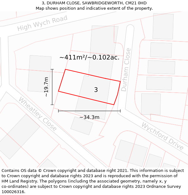 3, DURHAM CLOSE, SAWBRIDGEWORTH, CM21 0HD: Plot and title map