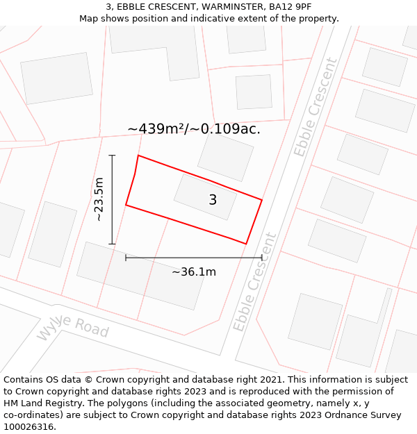 3, EBBLE CRESCENT, WARMINSTER, BA12 9PF: Plot and title map