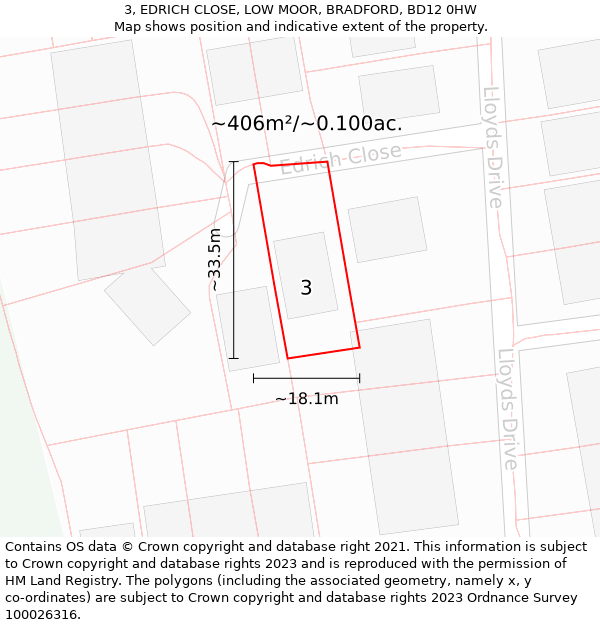 3, EDRICH CLOSE, LOW MOOR, BRADFORD, BD12 0HW: Plot and title map