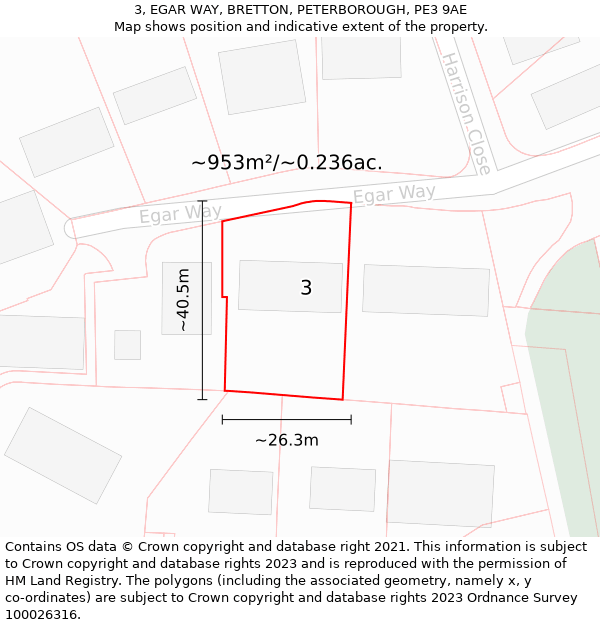 3, EGAR WAY, BRETTON, PETERBOROUGH, PE3 9AE: Plot and title map