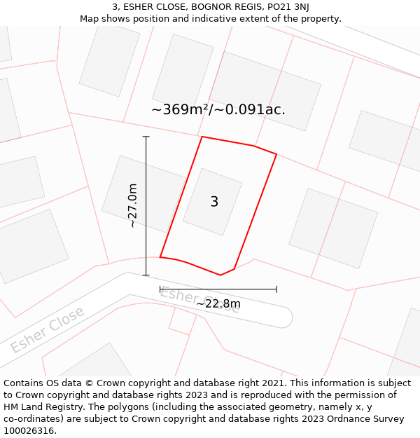 3, ESHER CLOSE, BOGNOR REGIS, PO21 3NJ: Plot and title map