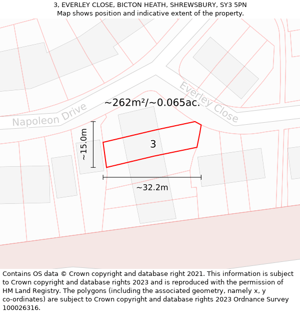 3, EVERLEY CLOSE, BICTON HEATH, SHREWSBURY, SY3 5PN: Plot and title map