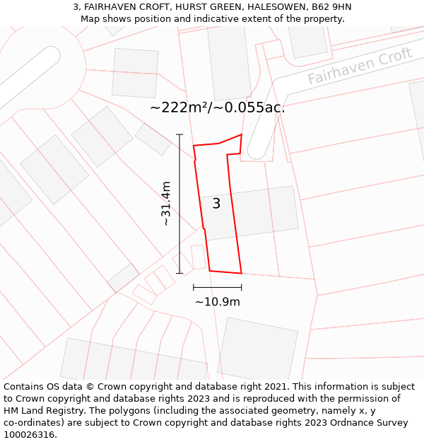 3, FAIRHAVEN CROFT, HURST GREEN, HALESOWEN, B62 9HN: Plot and title map