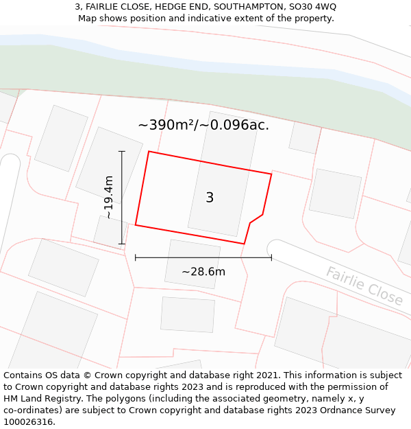 3, FAIRLIE CLOSE, HEDGE END, SOUTHAMPTON, SO30 4WQ: Plot and title map