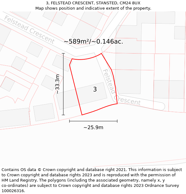 3, FELSTEAD CRESCENT, STANSTED, CM24 8UX: Plot and title map