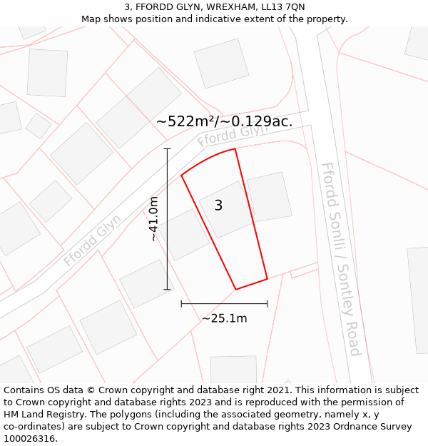 3, FFORDD GLYN, WREXHAM, LL13 7QN: Plot and title map