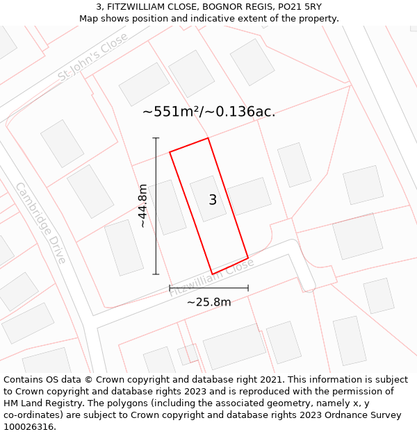 3, FITZWILLIAM CLOSE, BOGNOR REGIS, PO21 5RY: Plot and title map