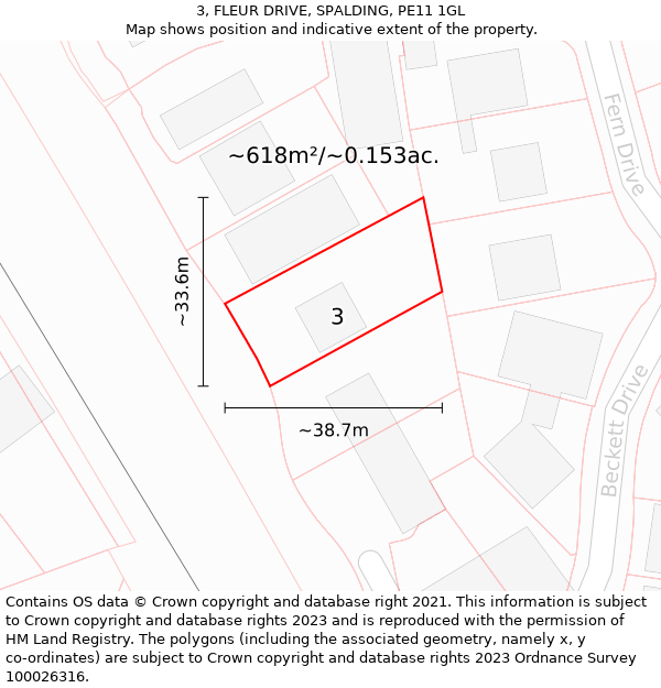 3, FLEUR DRIVE, SPALDING, PE11 1GL: Plot and title map