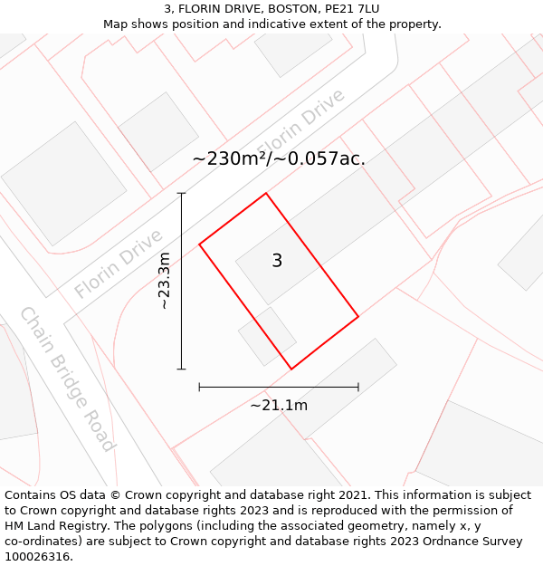 3, FLORIN DRIVE, BOSTON, PE21 7LU: Plot and title map