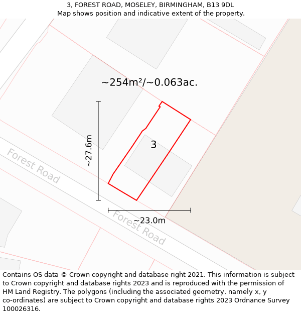 3, FOREST ROAD, MOSELEY, BIRMINGHAM, B13 9DL: Plot and title map