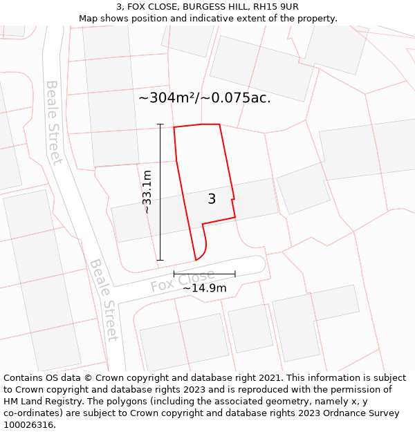3, FOX CLOSE, BURGESS HILL, RH15 9UR: Plot and title map
