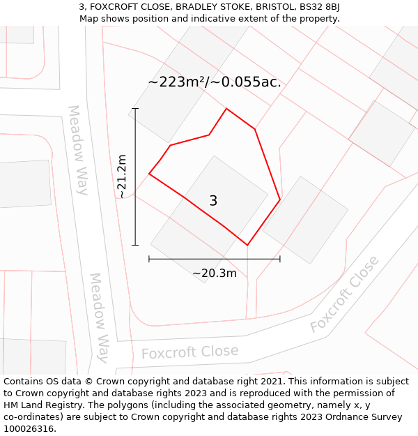 3, FOXCROFT CLOSE, BRADLEY STOKE, BRISTOL, BS32 8BJ: Plot and title map