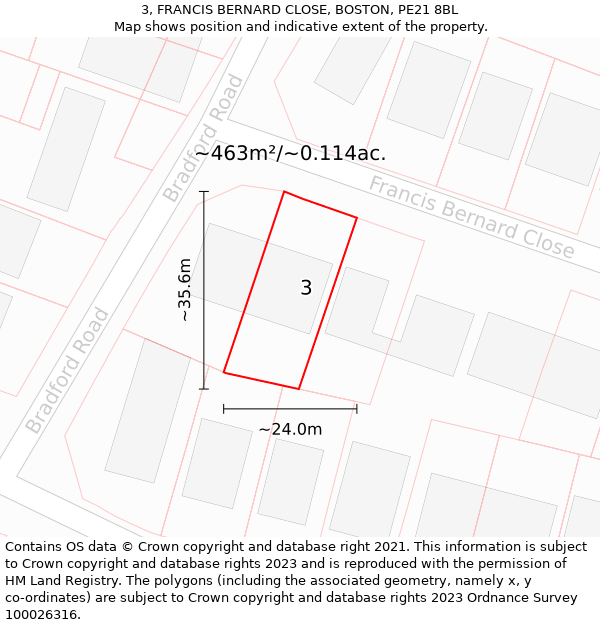 3, FRANCIS BERNARD CLOSE, BOSTON, PE21 8BL: Plot and title map