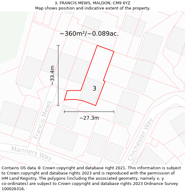 3, FRANCIS MEWS, MALDON, CM9 6YZ: Plot and title map