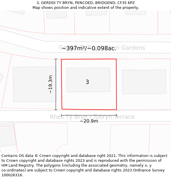 3, GERDDI TY BRYN, PENCOED, BRIDGEND, CF35 6PZ: Plot and title map