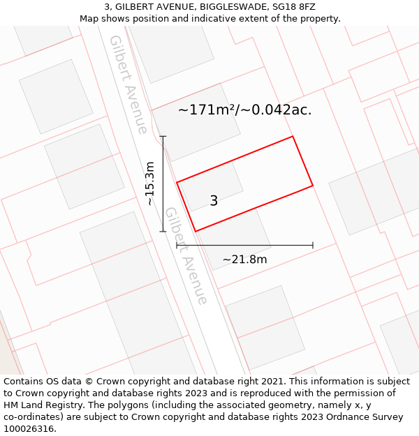 3, GILBERT AVENUE, BIGGLESWADE, SG18 8FZ: Plot and title map