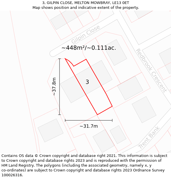 3, GILPIN CLOSE, MELTON MOWBRAY, LE13 0ET: Plot and title map