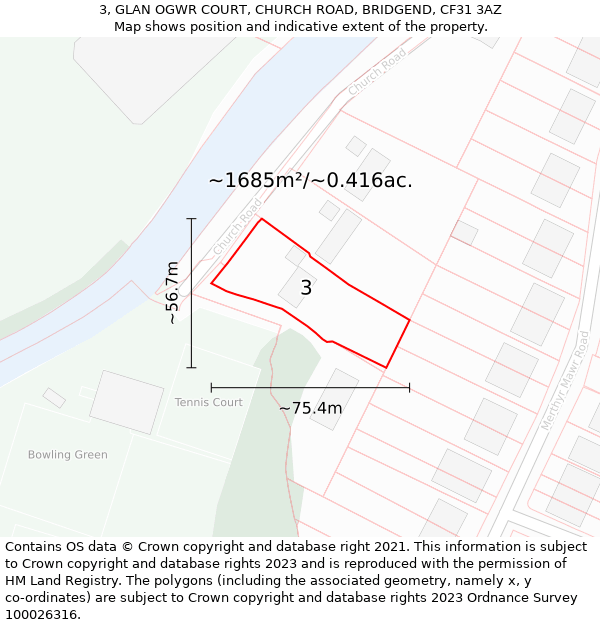 3, GLAN OGWR COURT, CHURCH ROAD, BRIDGEND, CF31 3AZ: Plot and title map