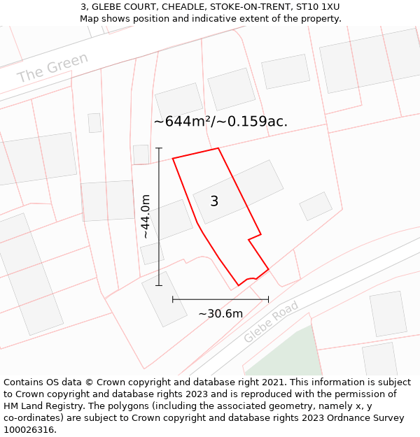 3, GLEBE COURT, CHEADLE, STOKE-ON-TRENT, ST10 1XU: Plot and title map