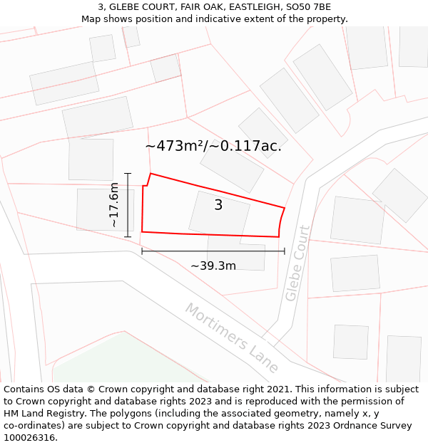 3, GLEBE COURT, FAIR OAK, EASTLEIGH, SO50 7BE: Plot and title map