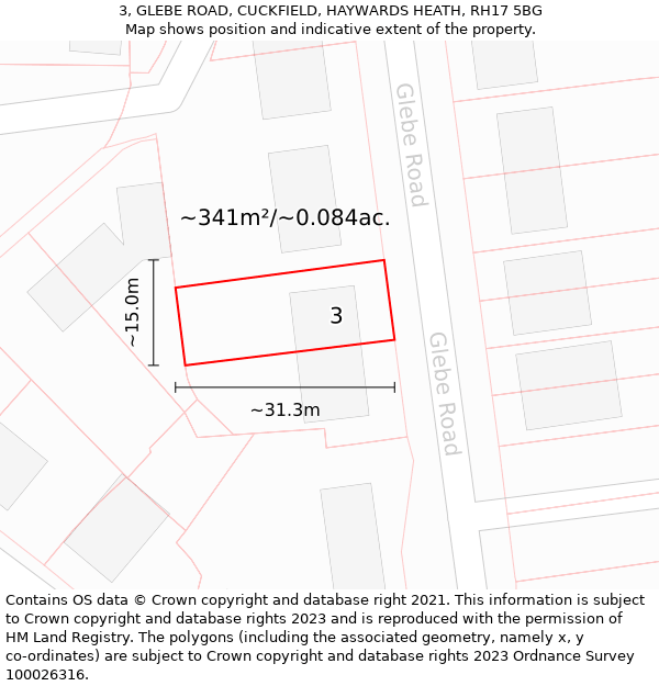 3, GLEBE ROAD, CUCKFIELD, HAYWARDS HEATH, RH17 5BG: Plot and title map