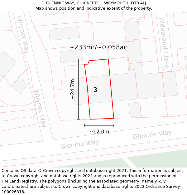 3, GLENNIE WAY, CHICKERELL, WEYMOUTH, DT3 4LJ: Plot and title map