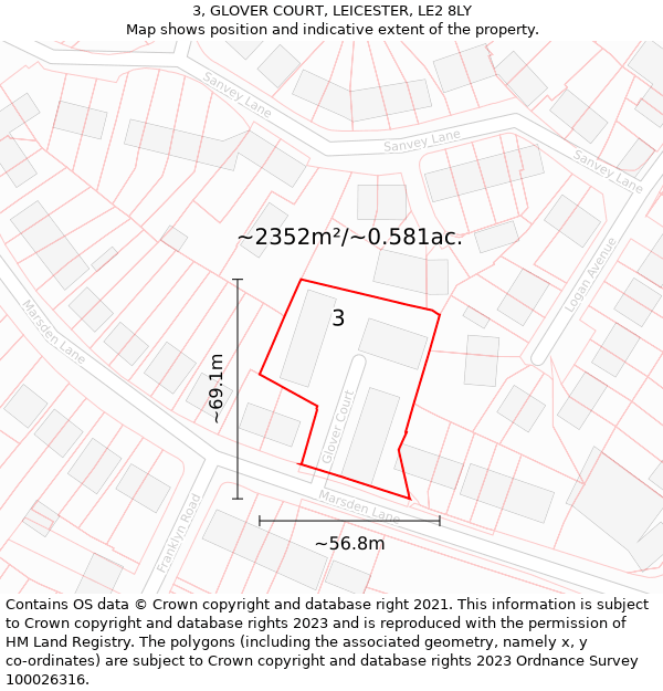 3, GLOVER COURT, LEICESTER, LE2 8LY: Plot and title map