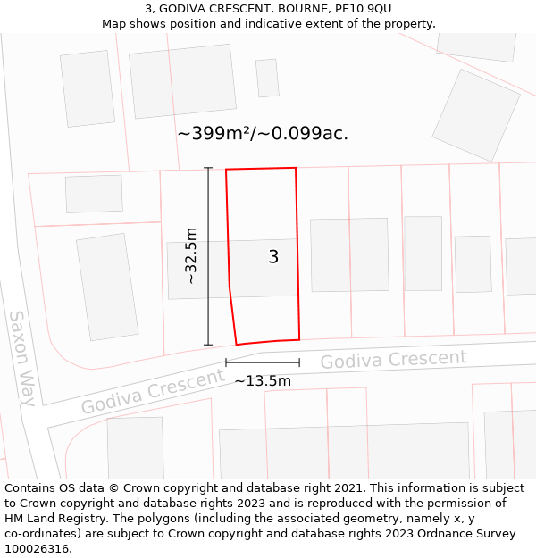 3, GODIVA CRESCENT, BOURNE, PE10 9QU: Plot and title map