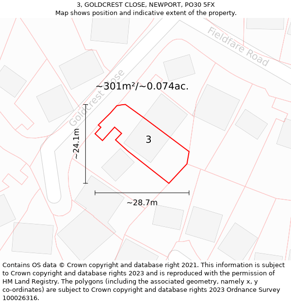 3, GOLDCREST CLOSE, NEWPORT, PO30 5FX: Plot and title map