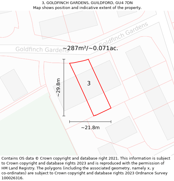 3, GOLDFINCH GARDENS, GUILDFORD, GU4 7DN: Plot and title map