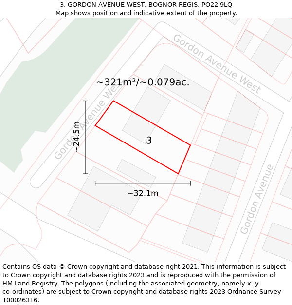 3, GORDON AVENUE WEST, BOGNOR REGIS, PO22 9LQ: Plot and title map