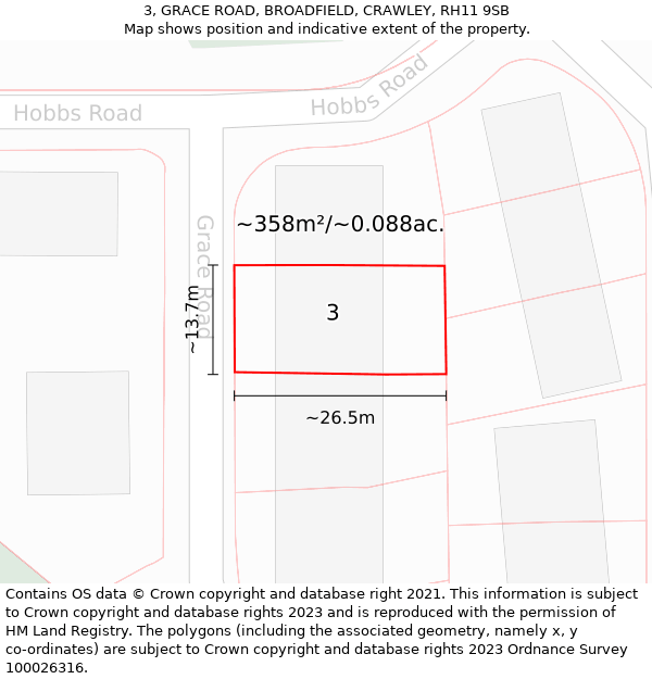 3, GRACE ROAD, BROADFIELD, CRAWLEY, RH11 9SB: Plot and title map