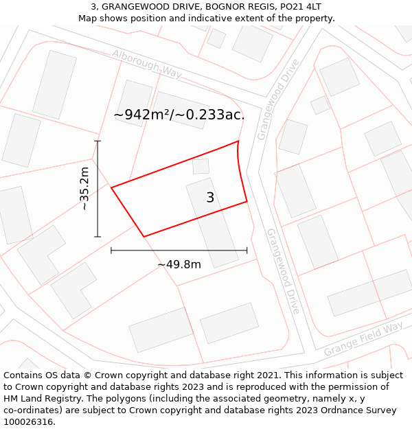 3, GRANGEWOOD DRIVE, BOGNOR REGIS, PO21 4LT: Plot and title map