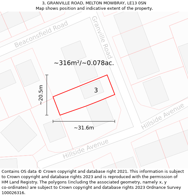 3, GRANVILLE ROAD, MELTON MOWBRAY, LE13 0SN: Plot and title map