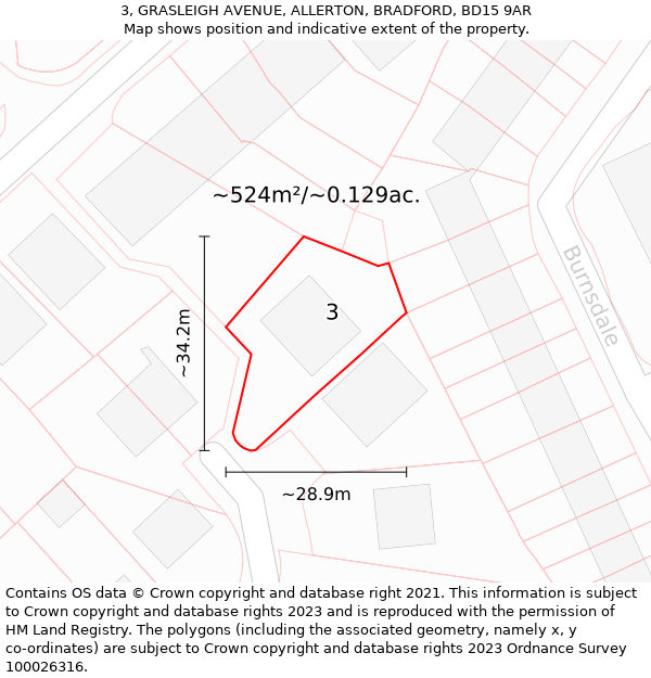 3, GRASLEIGH AVENUE, ALLERTON, BRADFORD, BD15 9AR: Plot and title map