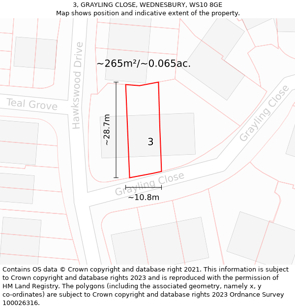 3, GRAYLING CLOSE, WEDNESBURY, WS10 8GE: Plot and title map