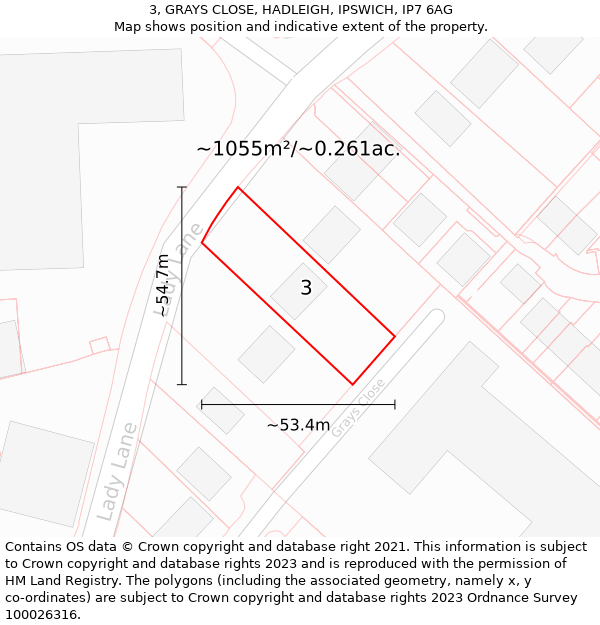 3, GRAYS CLOSE, HADLEIGH, IPSWICH, IP7 6AG: Plot and title map