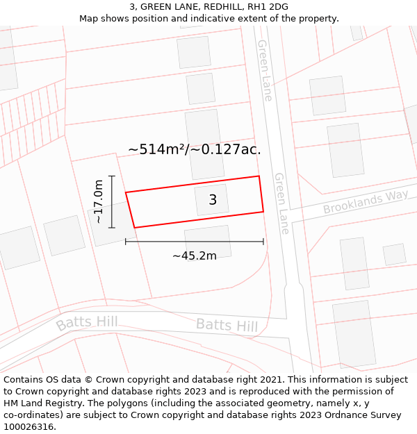 3, GREEN LANE, REDHILL, RH1 2DG: Plot and title map