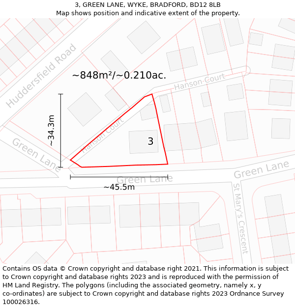 3, GREEN LANE, WYKE, BRADFORD, BD12 8LB: Plot and title map