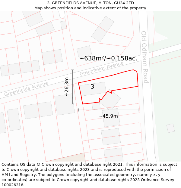 3, GREENFIELDS AVENUE, ALTON, GU34 2ED: Plot and title map