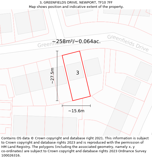 3, GREENFIELDS DRIVE, NEWPORT, TF10 7FF: Plot and title map