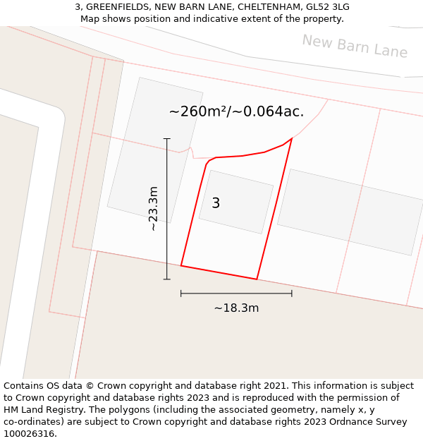 3, GREENFIELDS, NEW BARN LANE, CHELTENHAM, GL52 3LG: Plot and title map