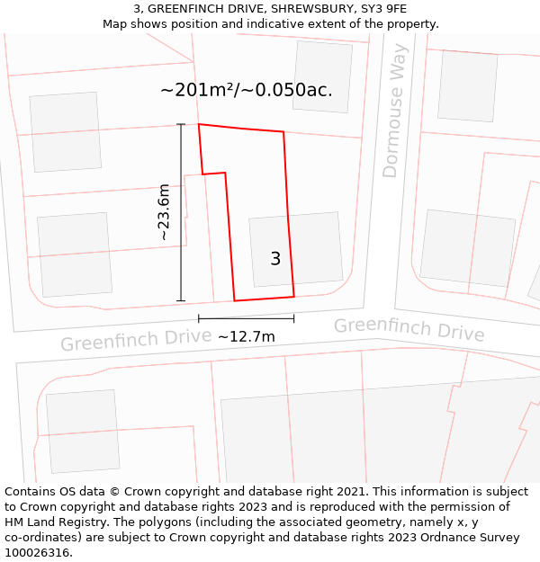 3, GREENFINCH DRIVE, SHREWSBURY, SY3 9FE: Plot and title map