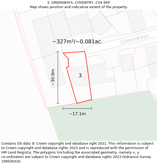 3, GREENWAYS, COVENTRY, CV4 9XP: Plot and title map