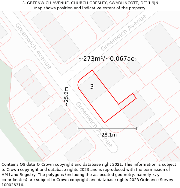 3, GREENWICH AVENUE, CHURCH GRESLEY, SWADLINCOTE, DE11 9JN: Plot and title map