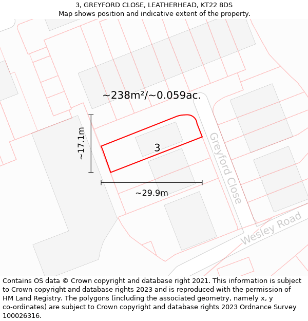 3, GREYFORD CLOSE, LEATHERHEAD, KT22 8DS: Plot and title map